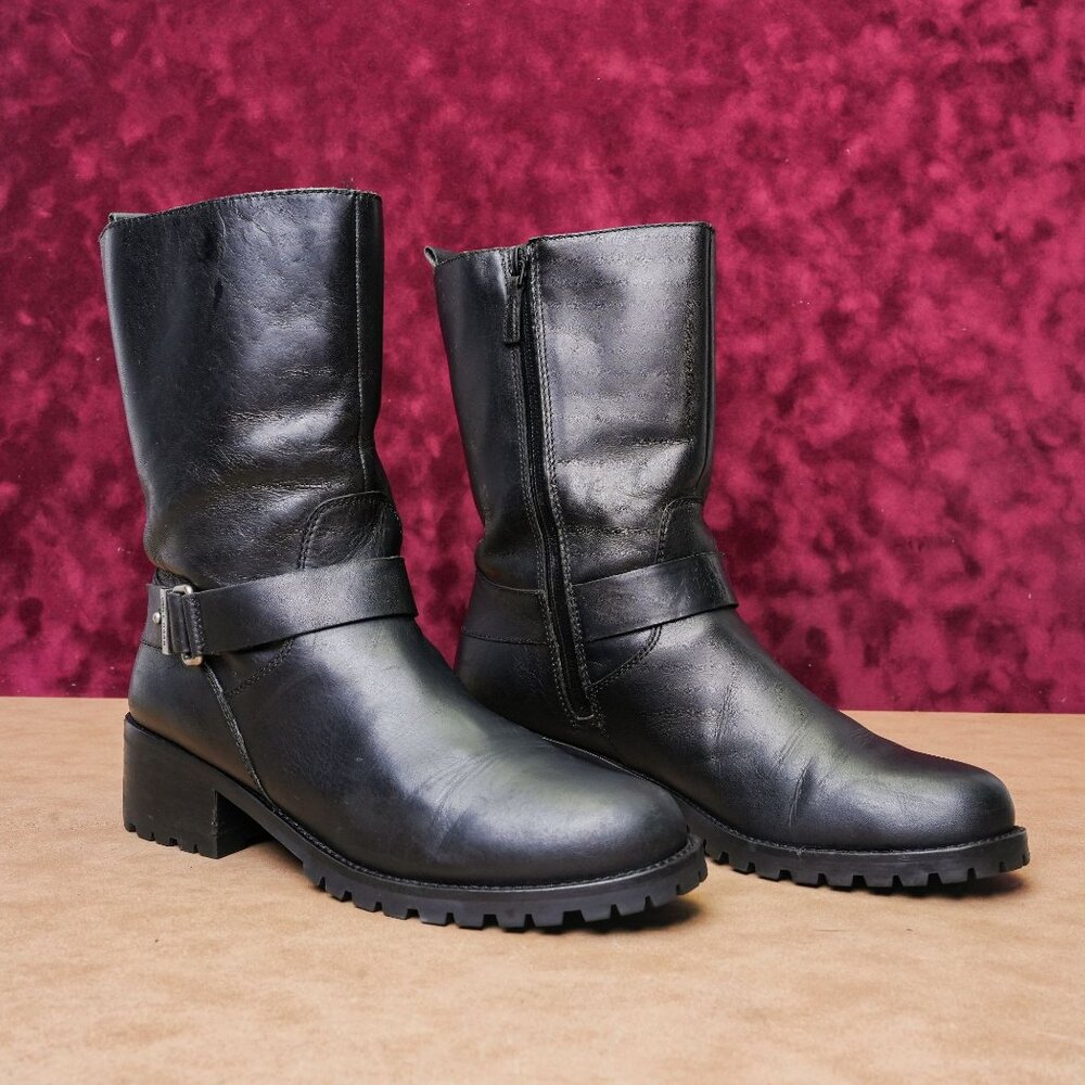 Cole Haan Women Black Leather Waterproof Moto Biker Ankle Boots sz 10
